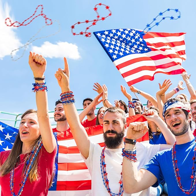 4th of July Accessories, 24PCS Fourth of July Patriotic Beads Necklaces Bulk, Independence Day Red Blue White Stars Round Beads, Patriotic Necklace for Parade Party Favors Decorations