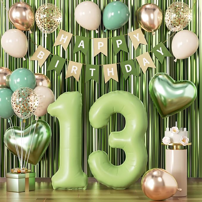 Sage Green 13th Birthday Decorations, Official Teenager Party Supplies for Girls Boys, Sand White & Cream Balloon Kit with Green Number 13 Balloon and Fringe Curtains