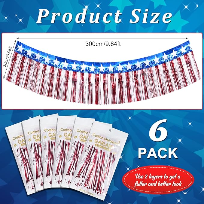 6Pack 60ft 4th of July Decorations Banner USA Stars Foil Fringe Garland Tinsel Streamers Red White and Blue Flag for Independent Memorial Veterans Day Patriotic Party USA 250 Anniversary Decorations