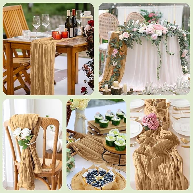 Wokceer Cheesecloth Table Runner 6Pack 10FT Khaki Boho Gauze Cheese Cloth Table Runner for Party Long Rustic Sheer Table Runners for Baby Bridal Shower Wedding Easter Table Decor