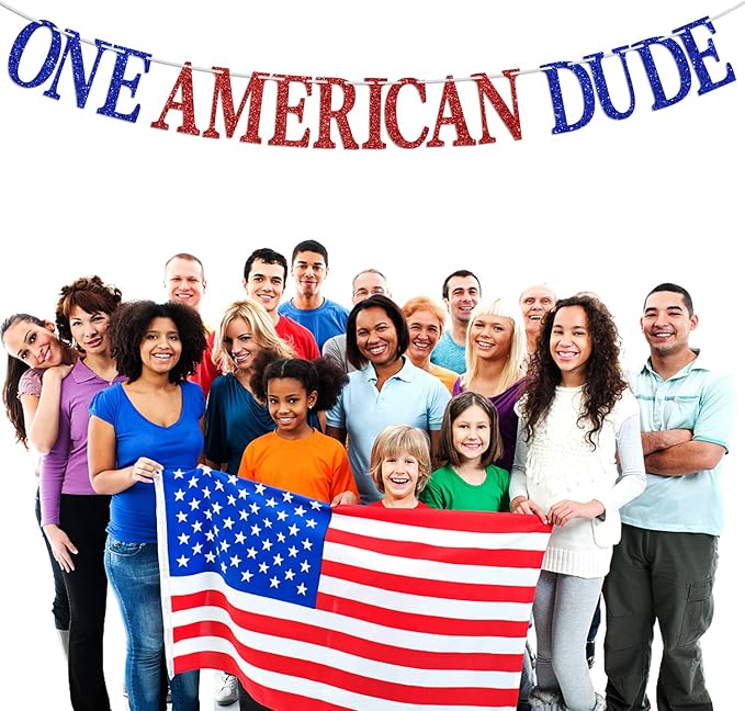 Glitter One American Dude Banner, Happy 4th of July Birthday Bunting Sign - Memorial Day Fourth of July Garlands - America Independent Day Celebration Party Decorations Supplies