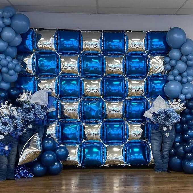 Metallic Navy Blue and Gold,Pearl Blue and Silver Double Sided Square Foil Balloons Wall,19 Inches Blue Chrome Tunnel Arch Kit for 2026 Graduation,Anniversary,Wedding,Birthday Background Decoration
