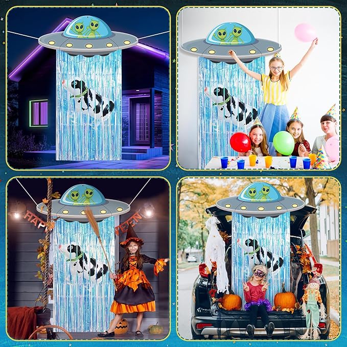 Alien Door Curtains with Tinsel Foil Fringe Curtain Cow Balloon Alien Spacecraft Party Decorations UFO Spacecraft Birthday Decorations Flying Saucer Spaceship Hanging Banner for Space Halloween Party