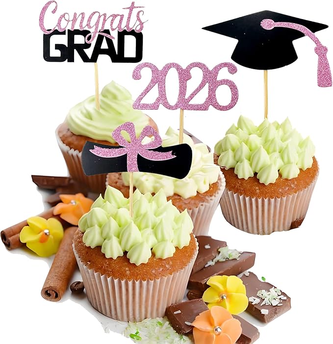2026 Graduation Cupcake Toppers, 48 PCS Food/Appetizer Picks For Graduation Party Mini Cake Decorations, Diploma, 2026, Grad Cap Set 48 Pieces (06 Pink)