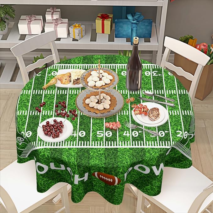 Football Round Tablecloth 60 Inch Rugby Football Pattern Circle Table Cloth Green Table Cover Washable Polyester Indoor Decorations for Home Kitchen Dinning Party