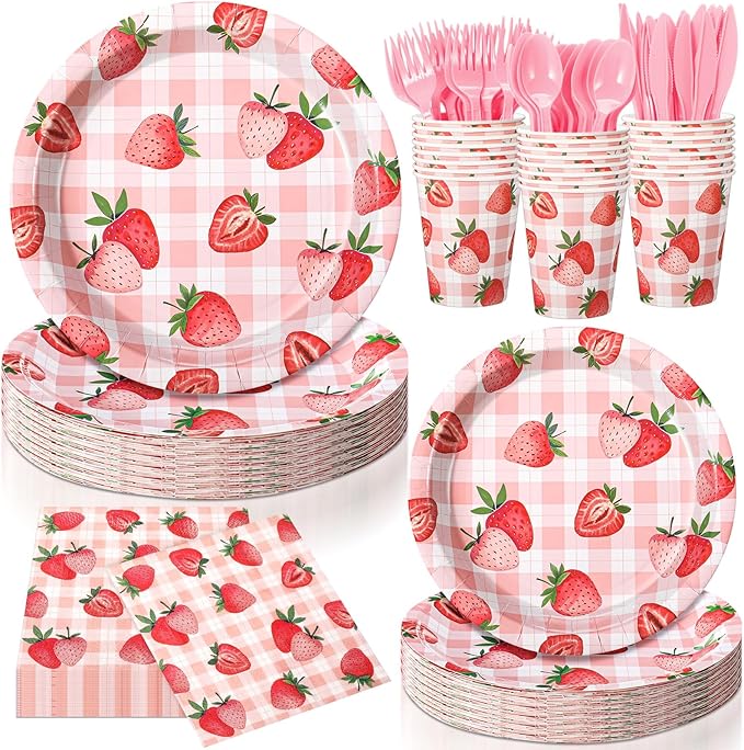 Honeydak 210 Pcs Strawberry Party Supplies for 30 Guests, Includes Plates, Cups, Napkins, Cutlery - Strawberry Birthday Tableware Decoration for 1st Birthday, Summer Fruit Party