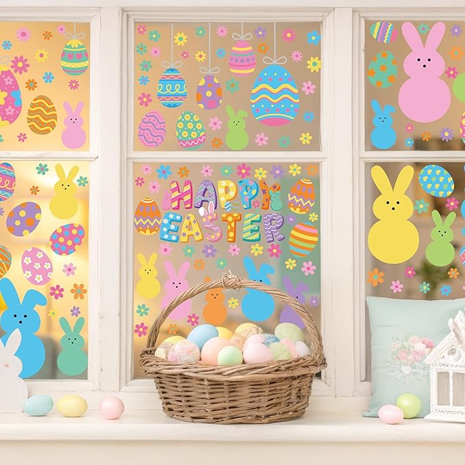 9 Sheets Easter Window Clings, 152PCS Double Sided Easter Party Clings for Glass Windows with Bunny Egg Flower, Reusable Happy Eggs Bunny Window Decals Stickers for Home Office Decorations