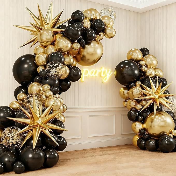 Black and Gold Balloons, 135pcs Black Gold Arch Kit Confetti Star Latex Balloons 5 10 12 18 Inch for Decorations Birthday Retirement Wedding Anniversary New Years Party Decorations