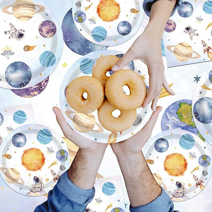 140PCS Space Themed Paper Plates Party Supplies Decorations, Birthday Paper Plates First Trip Around The Sun Astronaut Planet Cake Plate Tableware Dinner Set for Boys Girls Birthday Shower