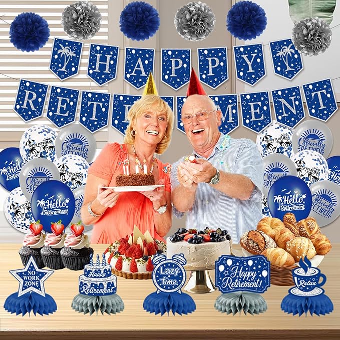 Happy Retirement Party Decorations for Men Women,Blue Silver Retirement Decorations,Happy Banners,Balloons Honeycomb Centerpieces,Paper Pompoms,Office Yard Sign Farewell Party Supplies
