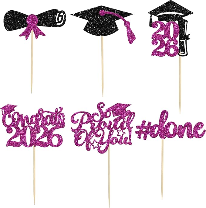 Gyufise 24Pcs Graduation Cupcake Toppers 2026 Purple Glitter Class of 2026 Cupcake Toppers So Proud of You Congrats Grad Cap Diploma Cupcake Picks for Graduation Party Decorations