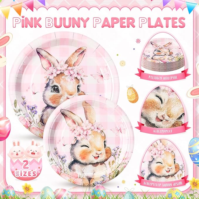Honeydak 210 Pcs Pink Bunny Party Supplies for 30 Guests, Includes Spring Rabbit Plates, Cups, Napkins, Cutlery - Cute Pink Bunny Tableware Decoration for Baby Shower Easter Party