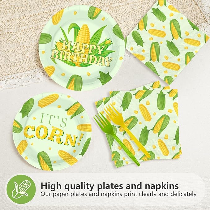96 Pcs Cute Corn Birthday Party Decorations Vegetable Party Decorations Plates and Napkins Yellow Glitter Tableware Favors for Baby Shower Boys Girls Happy Birthday Party Supplies, Serves 24