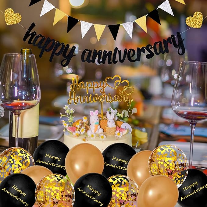 Happy Anniversary Decorations, Glitter Gold Black Happy Wedding Decorations Sets with Banner, Cake Topper, Glitter Hanging and Balloons for All Ages' Anniversary Party Decorations