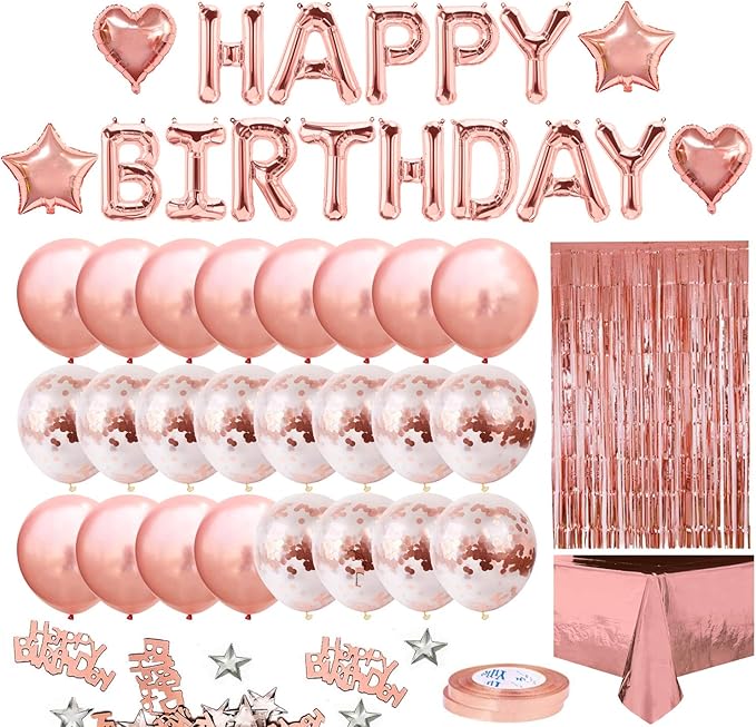 MOVINPE Rose Gold Birthday Party Decoration, Happy Birthday Banner, Rose Gold Fringe Curtain, Foil Tablecloth, Heart Star Foil Confetti Balloons, 10g Table Confetti for Women Girl Birthday Party