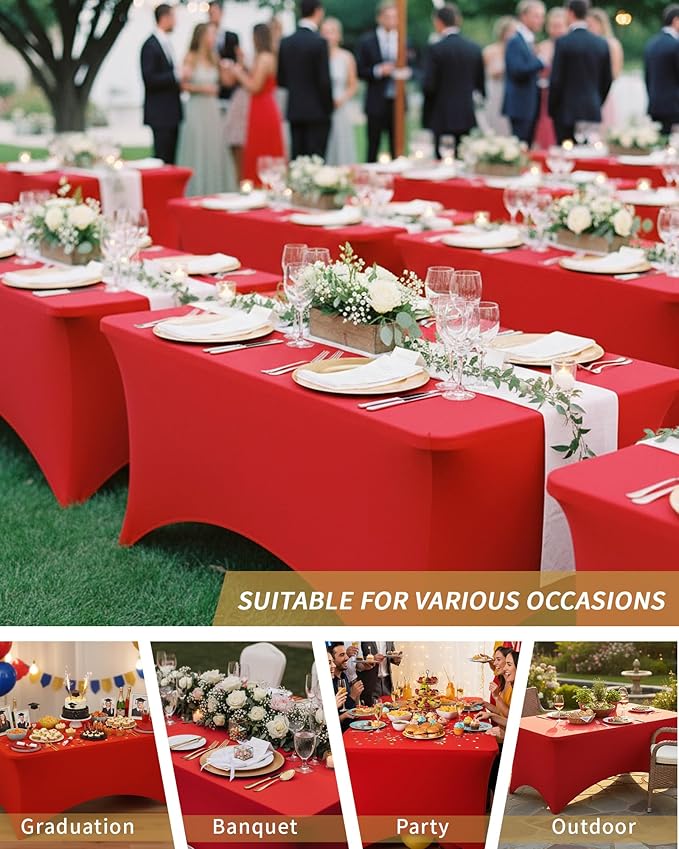 Fixwal 3 Pack Red Table Cloths Rectangle 8FT, Tablecloths Rectangular Stretch Spandex Fitted Table Covers 8ft for Parties, Trade Shows, Banquet, Weddings, Buffet, Graduation