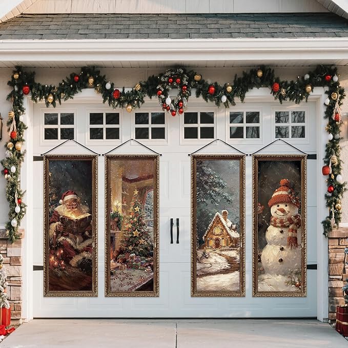 Panelee 4 Pcs Vintage Christmas Porch Banners Retro Snowman Santa Winter Rustic Xmas Tree Stretching Portraits Wall Decorations Christmas Porch Sign Backdrop for Xmas Indoor Outdoor Wall Hanging Decor
