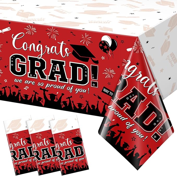 3 Pack Graduation Tablecloth Party Decorations, Class of 2026 Congrats Grad Plastic Tablecover Party Supplies, Red Rectangle Graduation Table Decorations for College High School Party, 54 x 108 Inch