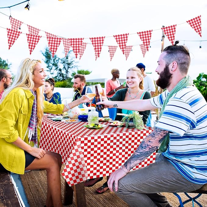 4 Packs 51 x 71 Inch Gingham Plaid Table Covers, 2 Pieces Buffalo Lumberjack Checkered Pennant Banner, 44 Pieces Latex Balloons for Picnic BBQ Birthday Party Decoration (Red White Plaid)