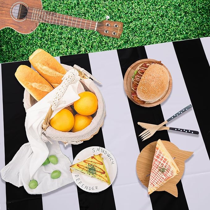 Kesfey 5 Packs Black and White Horizontal Striped Table Cloth 54 x 108 Inch Classic Black Stripe Tablecloths Disposable Plastic Stripe Table Covers Waterproof Picnic Tablecover for Camping Party