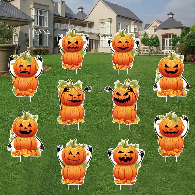 10 PCS Halloween Pumpkin Yard Signs with Stakes, Waterproof Pumpkin Ghost Lawn Signs, Trick or Treat Party Garden Outdoor Decorations, 10 Cute Scary Styles