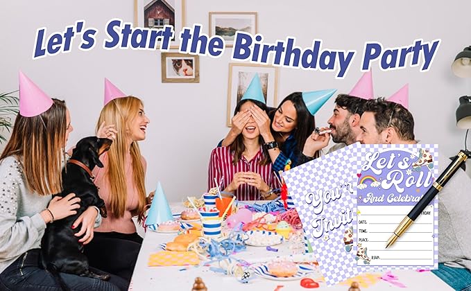 CLIRBE Let's Roll Birthday Party Invitations, Purple Birthday Invitations For Brother Bro Teen Boys Girls, 20 Invites Cards With 20 Envelopes, Party Supplies Favors -H08