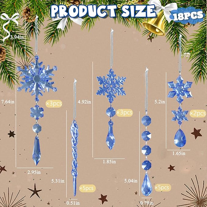 18pcs Crystal Christmas Ornaments for Christmas Tree Decorations-Royal Blue Hanging Acrylic Snowflake and Icicle Ornaments with Drop Pendants for New Year Party Decorations Supplies