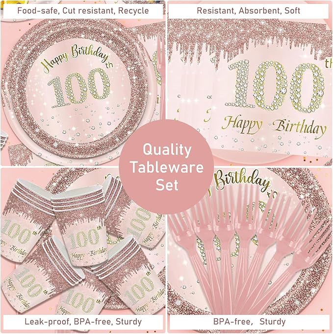 121Pcs 100th Birthday Party Supplies Plates Napkins Cups Forks Tablecloth Rose Gold Happy 100th Birthday Themed Disposable Tableware Decorations Serves 24 Guests for Women 100 Years