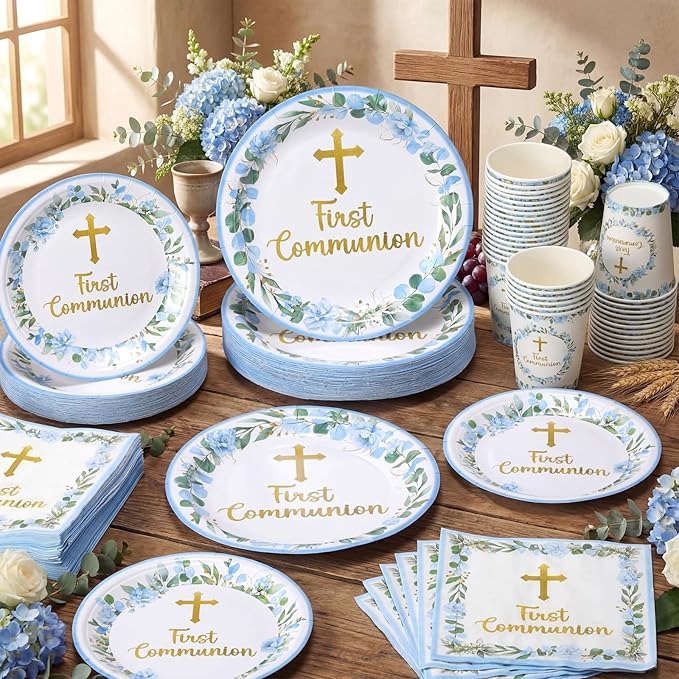 Pickmesh 250 Pcs Blue First Holy Communion Disposable Tableware Set God Bless Baptism Disposable Paper Plates Napkins and Cups for Boys Christening Celebration Baby Shower Religious Supplies Serve 50