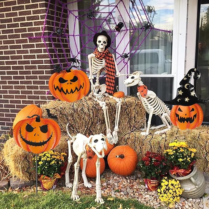 Halloween Garden Stakes, Stacked Metal Pumpkins Jack-o-Lantern Lawn Decor with Witch Hat, Shimmering Halloween Yard Signs Stake Decorative Pumpkin Stake for Outdoor Patio Pathway Home Decorations (A)