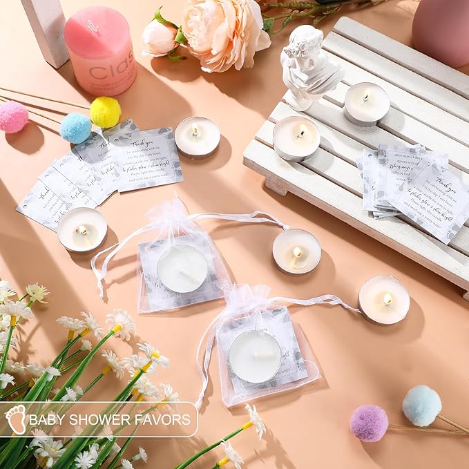 50 Sets Baby Shower Party Favors Including 50 Pcs Unscented Tealight Baby Shower Candles Gift Bags Cards for Gender Reveal Party Supplies(White Silver)