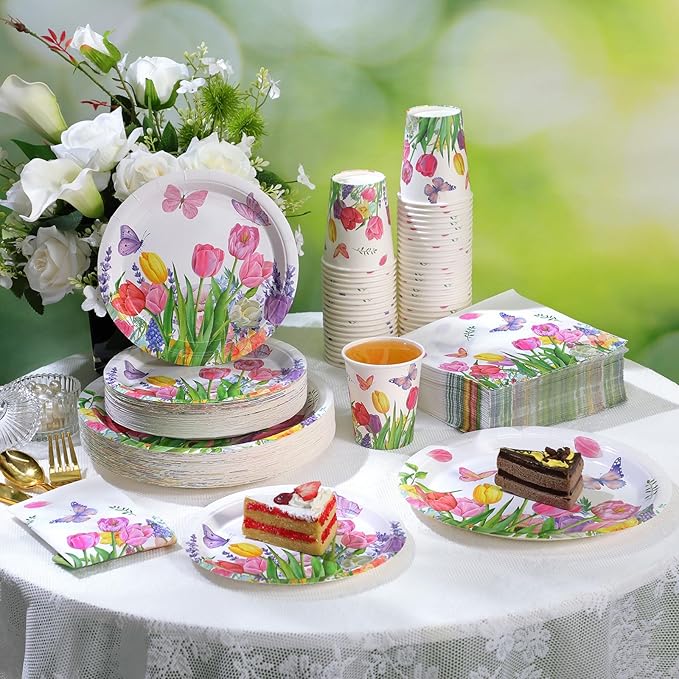 Pickmesh 250 Pcs Party Disposable Tableware Set Paper Plates and Napkins Cups Supplies Tea Party Theme Dinner Dinnerware for Birthday Bridal Baby Shower wedding Decoration Serves 50 (Tulip)