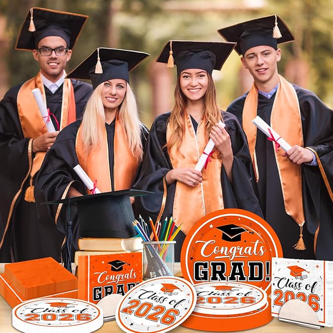Graduation Party Plates and Napkins Orange Class of 2026 Grad Congrats Party Supplies Disposable Dessert Paper Plates Cocktail Napkins forGraduation Party Decorations,Serve 50