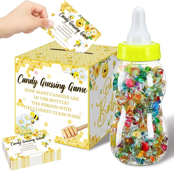 Glenmal 52 Pcs Baby Shower Games Gift Sets Large Baby Bottle for Shower Game Guess How Many Candies Decorations for Gender Reveal(Sweet As Can Bee)
