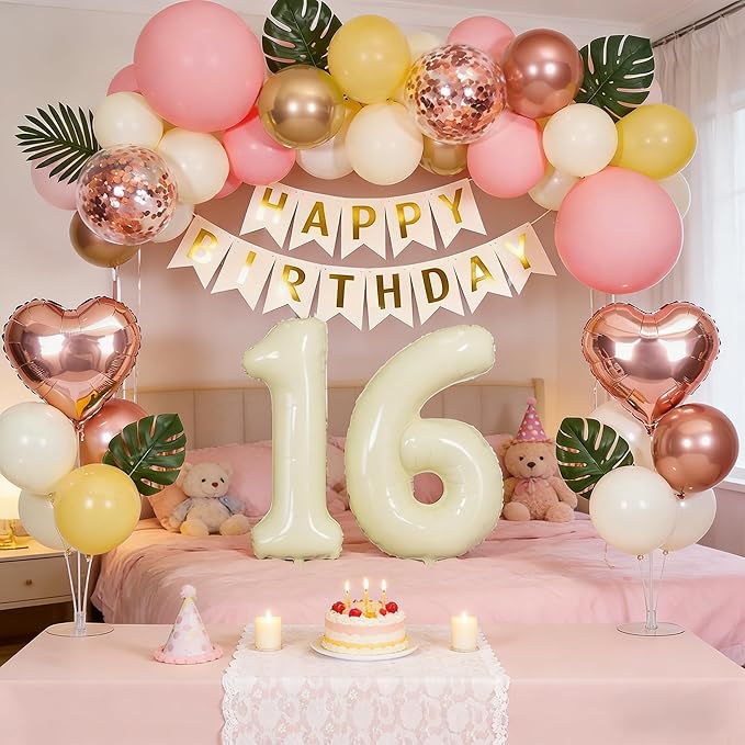 Sweet 16 Birthday Decorations for Girl, Retro Sand White and Cream Balloon Garland Kit, Cream Number 16 Balloon, Pink Happy 16th Banner, 16 Year Old Party Supplies