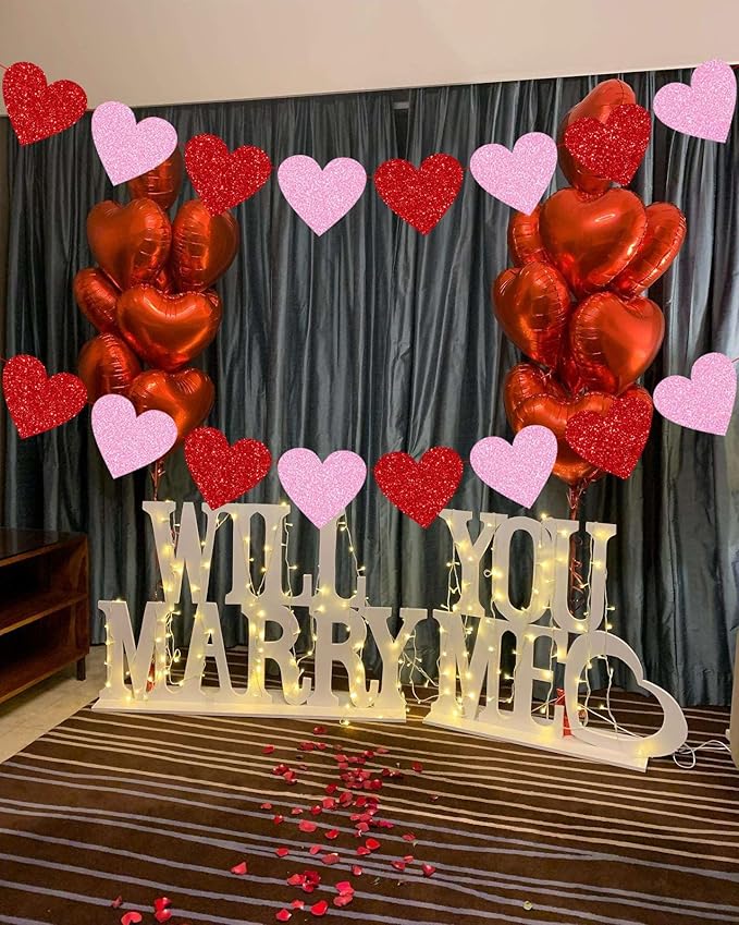 Glitter Red Pink Banner, 4 Strings Red Pink Shiny Heart Banners Sign for Celebrate Party Wedding Ceremonies Holiday Party Decorations