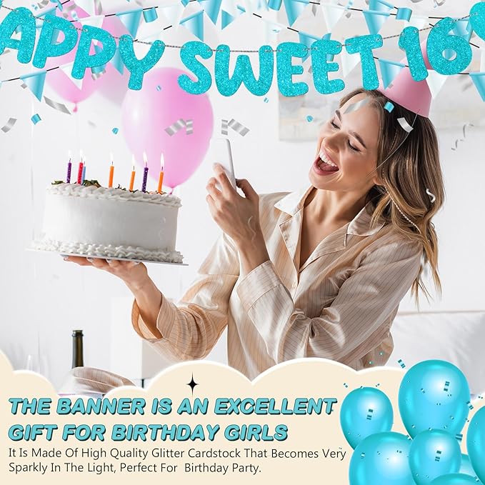 Fulmoon Pre Strung Happy Sweet 16 Banner Glitter Sixteenth Birthday Party Decorations 16th Party Sign Sweet 16 Party Decorations for Birthday Party Bachelorette Party(Sky Blue)