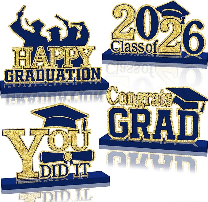4Pcs Graduation Decorations Class of 2026 Wood Table Centerpieces Congrats Grad Wooden Sign Graduation Table Toppers Congratulate Tiered Tray Decor for 2026 Graduation Party (Navy Blue-Gold)