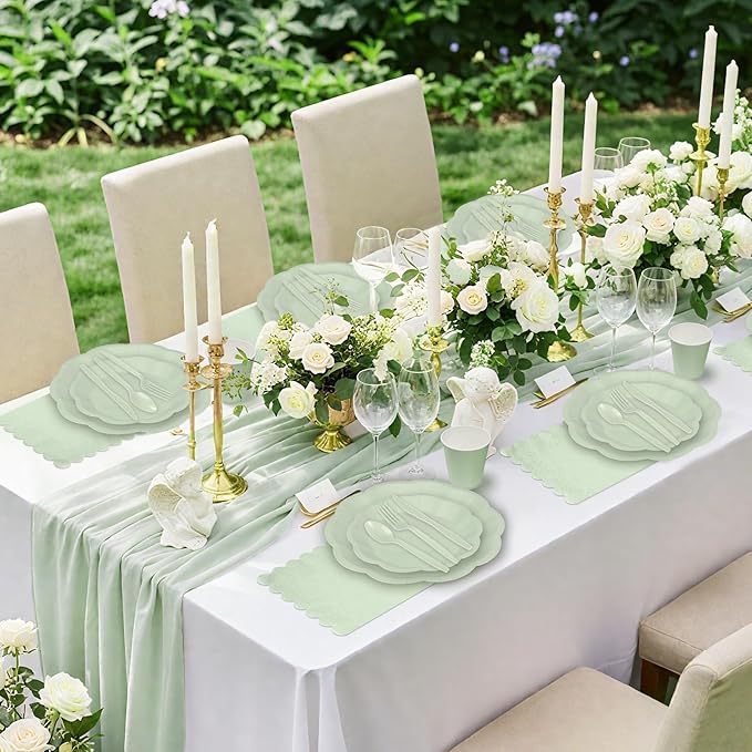 350 Pcs Sage Green Party Paper Plates and Napkins Set Include 9" Easter Plates & 7" Dessert Plate Disposable Scalloped Tableware Serve 50 Guest for Wedding Baby Shower Bridal Shower Birthday