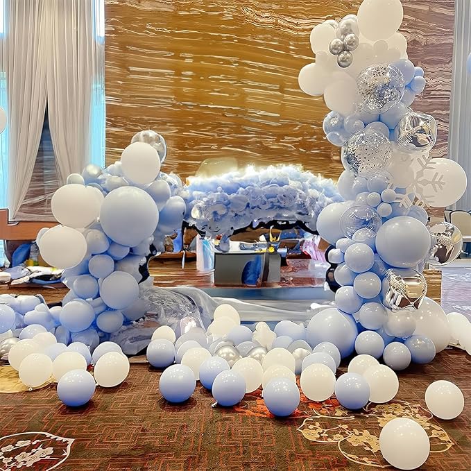 Blue White Balloon Arch Kit Baby Blue White Silver Balloon Garland 4D Silver Foil Balloons Pastel Light Blue Silver Latex Balloons Christening Boy Birthday Baby Shower Party Decorations QQ-113