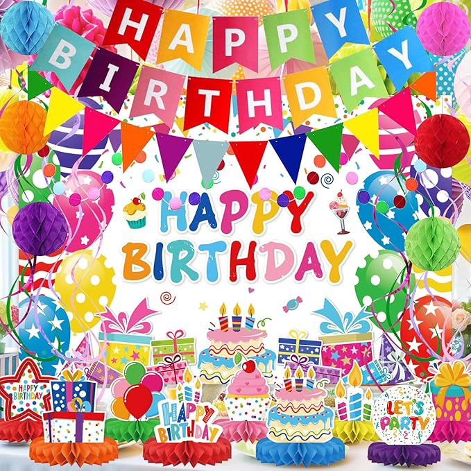 Birthday Decorations Kit, Happy Birthday Party Banner, Honeycomb Balls, Metallic Hanging Swirls, Circle Garland, Colorful Party Decorations, Backdrop Cloth, Centerpieces for Tables