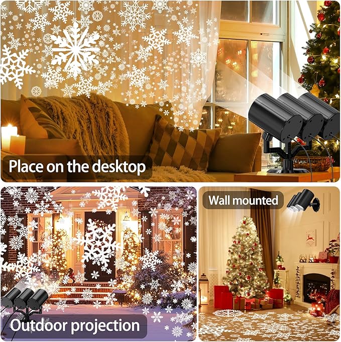 Christmas Snowflake Projector Lights Outdoor 360°Rotating Brightness Three Head Projection Lights Decor Suitable for Christmas, Indoor and Outdoor Party Decorations