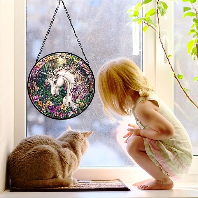 Stained Glass Window Hanging, Unicorn Flowers Suncatcher for Doors Home Sun Catchers Decoration and Christmas, Mother's Day Birthday Gifts for Women, Men, and Mom 9.8 in