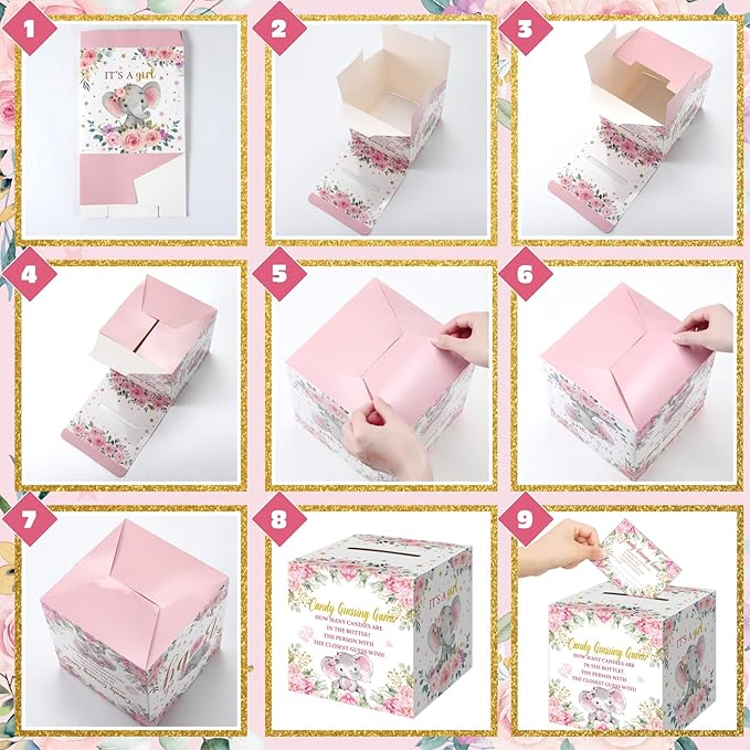 Glenmal 52 Pcs Pink Elephant Theme Baby Shower Games Gift Sets Large Baby Bottle for Shower Game Guess How Many Candies Decorations for Gender Reveal