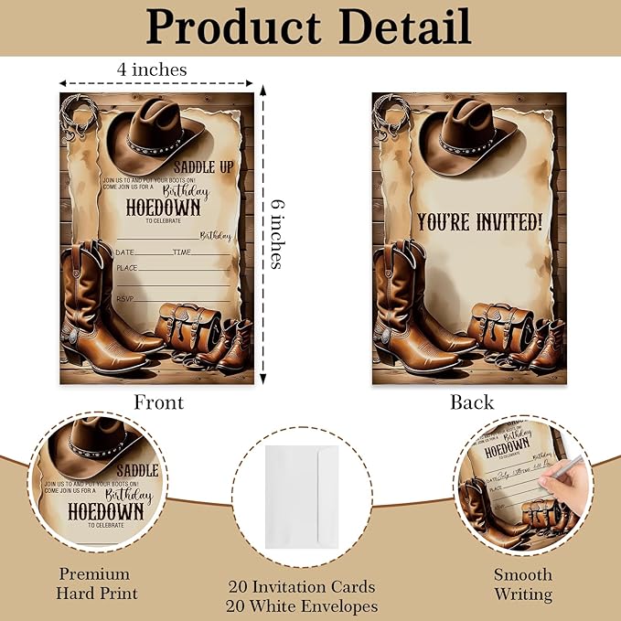 Western Hoedown Birthday Invitations, Retro West Boots Birthday Invitation with Envelopes for West Lovers, 20 Double-Sided Fill In Invitations with Envelopes, Birthday Party Favor & Supplies
