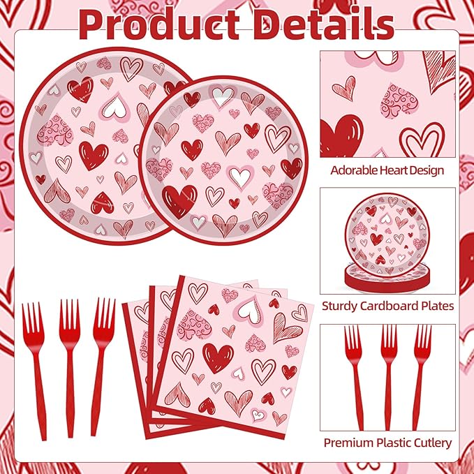 100 Pcs Valentine’s Day Heart Tableware Party Supplies Set, Serves 25 – Disposable Pink & Red Heart Paper Plates, Napkins, and Forks for Romantic Dinner, Bridal Shower, Love-Themed Party Decorations