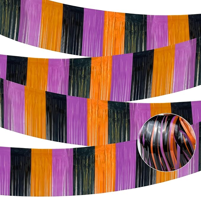 4 Packs 39 Feet Halloween Parade Floats for Trailer Car, Foil Fringe Garland Tinsel Streamers Banner Table Skirts for Halloween Dia De Los Muertos Homecoming BBirthday (Black Orange Purple)