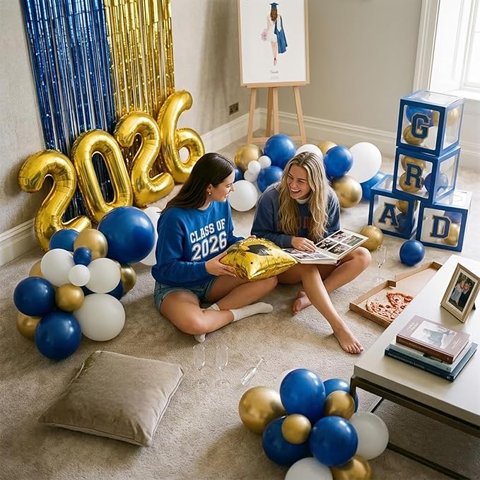 Blue and gold Graduation Decorations 2026 Set of 4 GRAD Balloon Boxes with Balloon Arch Garland Kit mylar balloons and shimmer Fringe Curtains So Proud of You 2026 prom Graduation Decorations