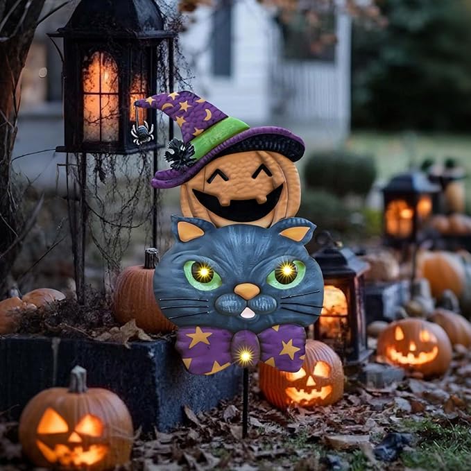 TERESA'S COLLECTIONS Metal Halloween Yard Stakes, Halloween Decorations Outdoor with Cute Black Cat Pumpkin, Jack-o-Lantern Stacked Garden Stakes Lawn Gift for Party Pathway Porch Patio Decor, 25“