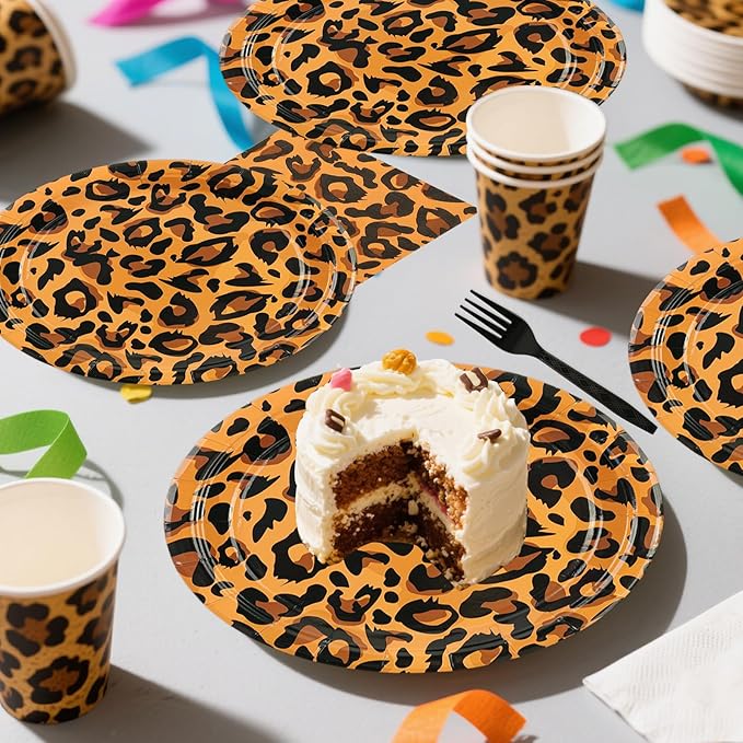 72PCS Leopard Birthday Plates Napkins Set, Leopard Cake Plates with Forks Cheetah Print Disposable Party Supplies Tableware for Birthday, Baby Shower, Jungle Party Decorations